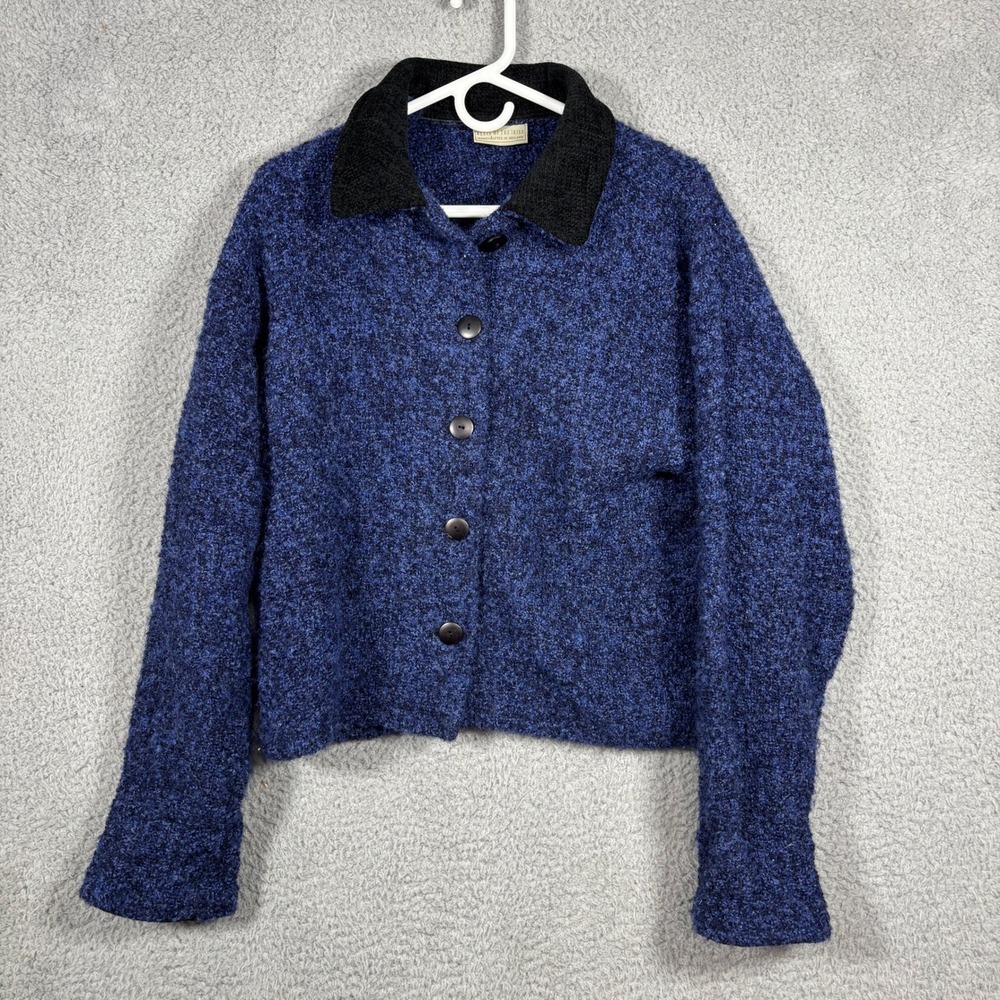 Vtg Weave of the Irish Cardigan Womens S Blue Wool Blend Collared Button Coat